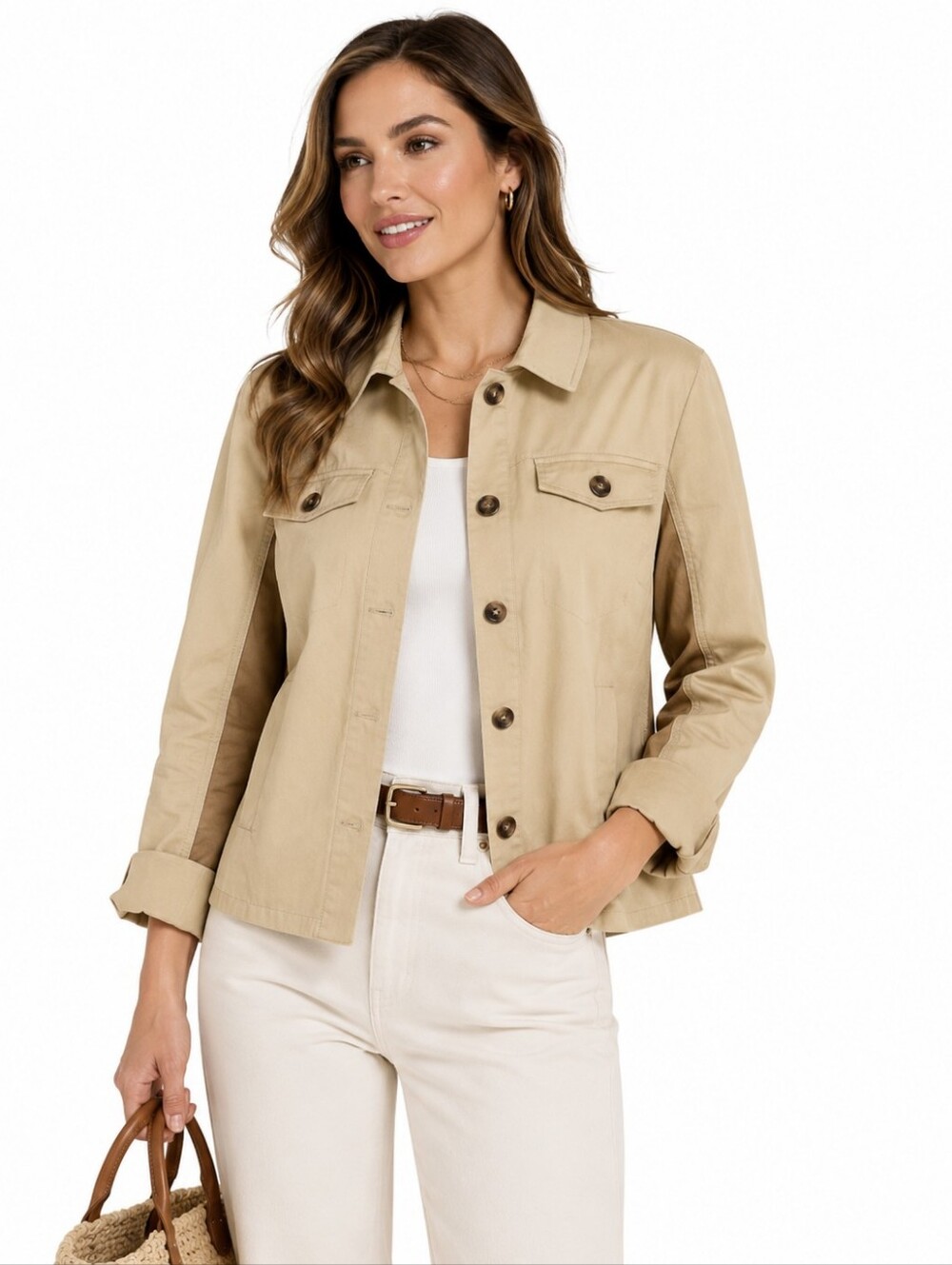 Cabi Mason Jacket 4301 Size S Tan Contrast Utility Cotton Nylon